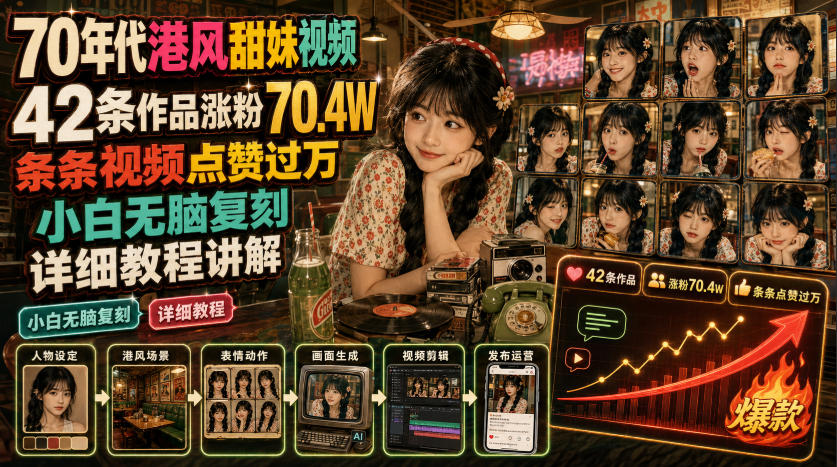 70年代港风甜妹视频,42条作品涨粉70.4W,条条视频点赞过万,小白无脑复刻,详细教程讲解-优优云创网