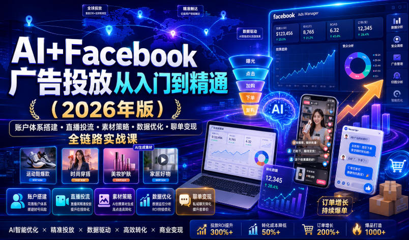AI+Facebook广告投放从入门到精通(2026年版)|账户体系搭建・直播投流・素材策略・数据优化・聊单变现全链路实战课-优优云创网