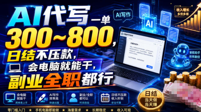 AI代写一单300~800,日结不压款,会电脑就能干,副业全职都行【揭秘】-优优云创网