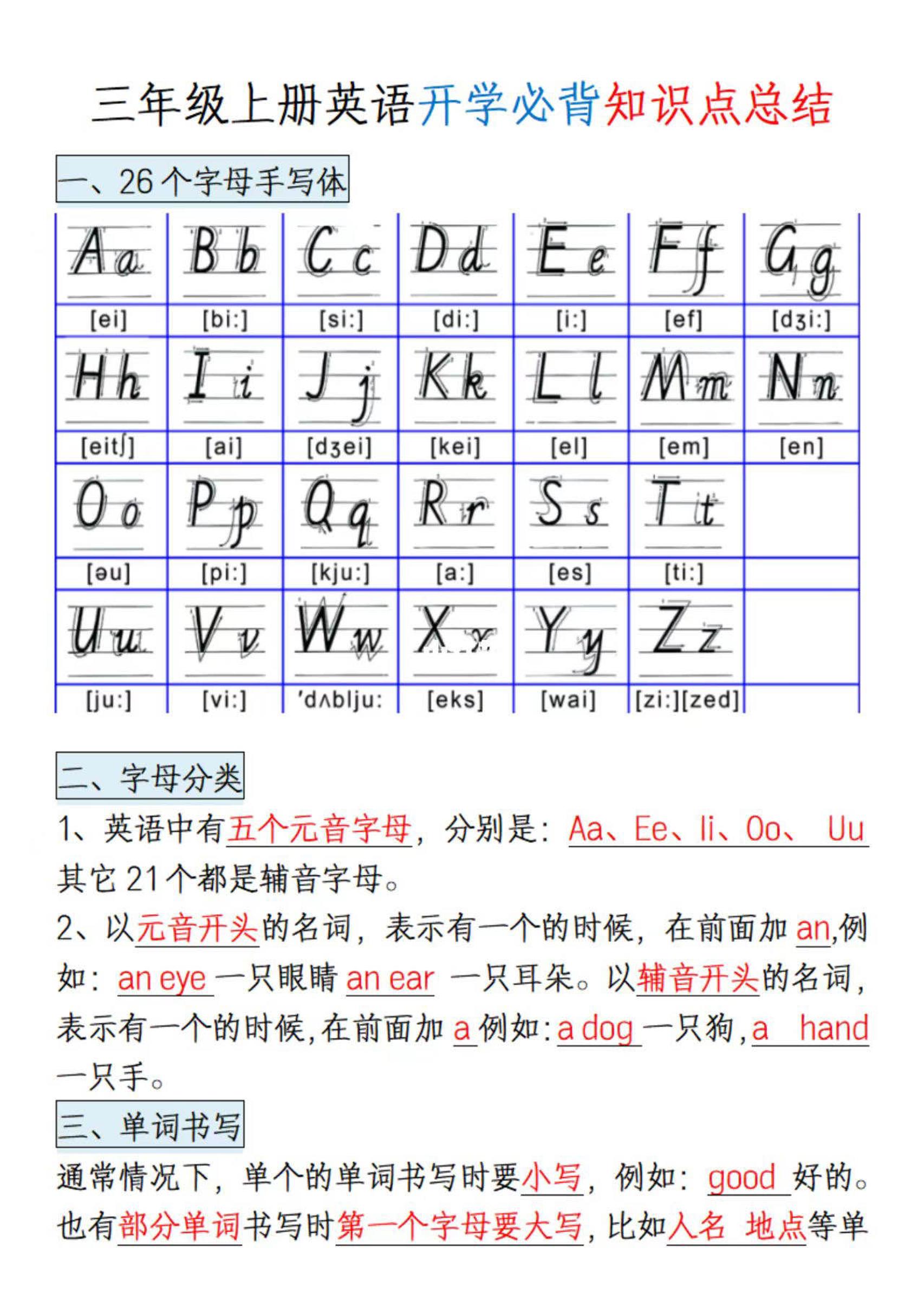 三年级上册英语开学必背知识点总结-优优云创网