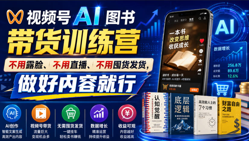 视频号AI图书带货训练营,不用露脸、不用直播、不用囤货发货,做好内容就行,一条爆款视频佣金8942-优优云创网