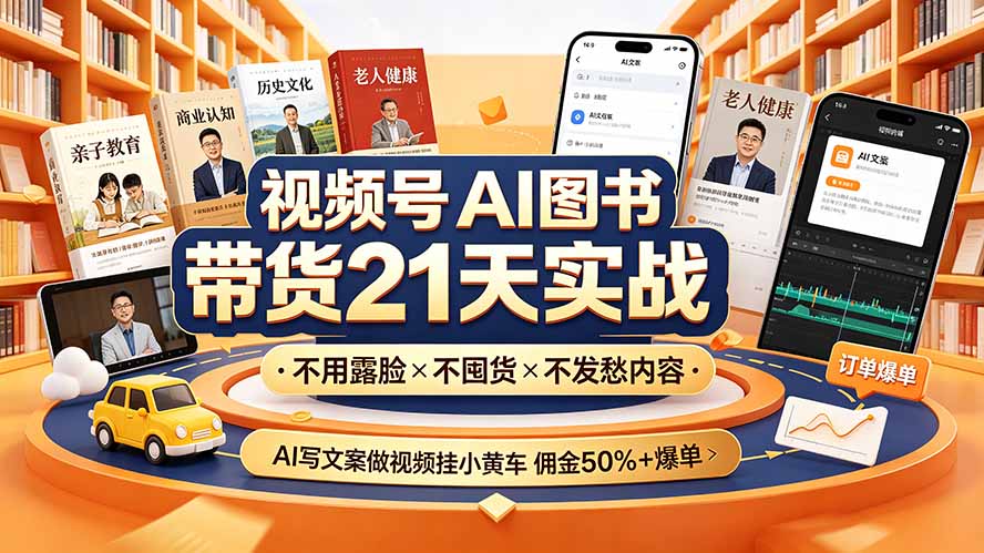 视频号AI图书带货21天实战：不用露脸×不囤货×不发愁内容，AI写文案做视频挂小黄车，佣金50%+爆单-优优云创网