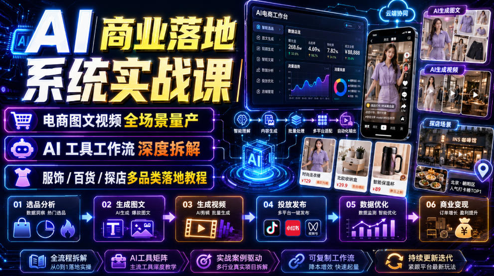 AI商业落地系统实战课｜电商图文视频全场景量产・AI工具工作流深度拆解・服饰/百货/探店多品类落地教程-优优云创网