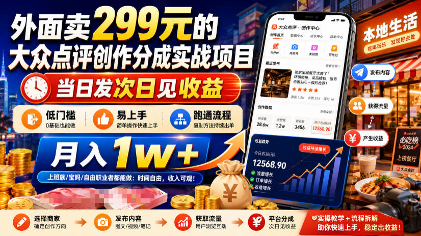 外面卖299元的大众点评创作分成实战项目，当日发次日见收益，低门槛易上手，跑通流程月入1w+-优优云创网