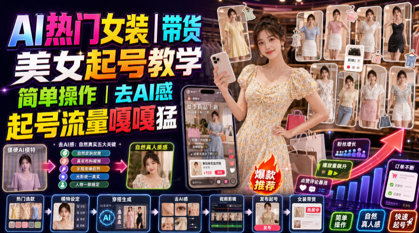 AI热门女装带货丨美女起号教学，简单操作，去AI感，起号流量嘎嘎猛-优优云创网