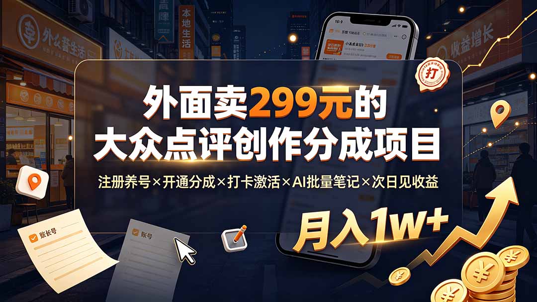 外面卖299元的大众点评创作分成项目：注册养号×开通分成×打卡激活×AI批量笔记×次日见收益，月入1w+-优优云创网