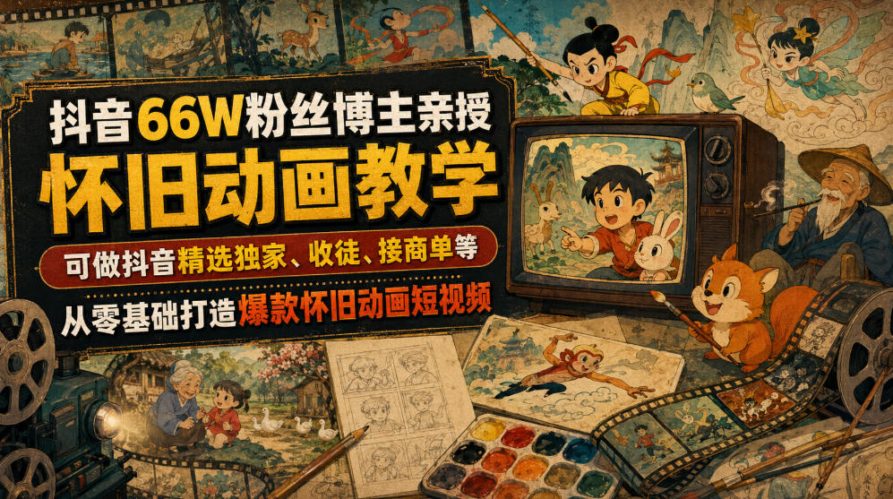 抖音66W粉丝博主亲授怀旧动画教学，可做抖音精选独家、收徒、接商单等，从零基础打造爆款怀旧动画短视频-优优云创网