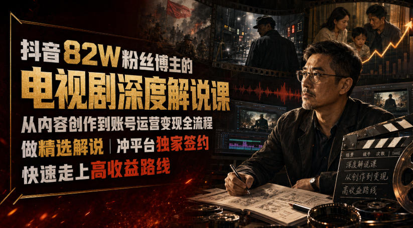 抖音82W粉丝博主的电视剧深度解说课，从内容创作到账号运营变现全流程，做精选解说，冲平台独家签约，快速走上高收益路线-优优云创网
