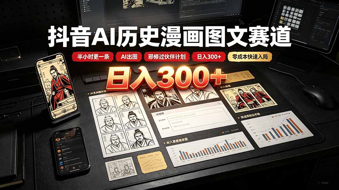 抖音AI历史漫画图文赛道：半小时更一条×AI出图×邪修过伙伴计划×日入300+，零成本快速入局-优优云创网