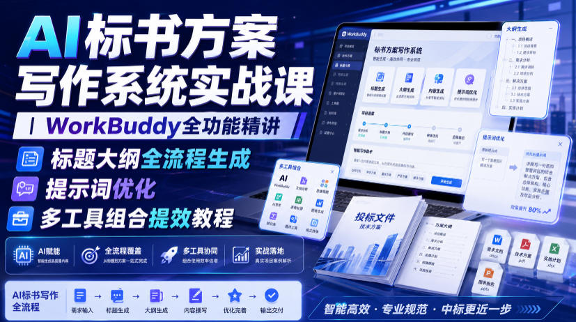 20260723141922735-db0520739ebbc7c3745284e8bf55734a AI标书方案写作系统实战课|WorkBuddy全功能精讲・标题大纲全流程生成・提示词优化・多工具组合提效教程