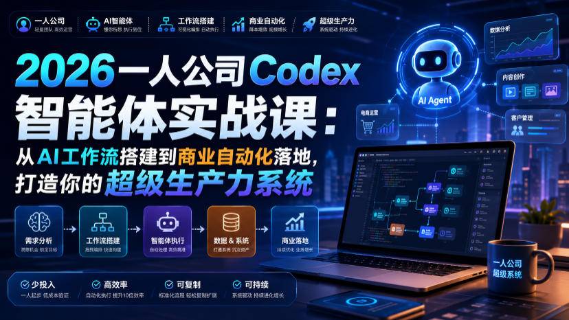 20260723142119393-6d4dd2c0085e9907ec1fe9cbef45bb42 2026一人公司Codex智能体实战课:从AI工作流搭建到商业自动化落地,打造你的超级生产力系统