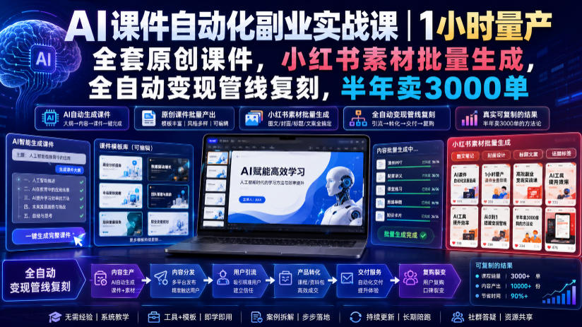 AI课件自动化副业实战课｜1小时量产全套原创课件，小红书素材批量生成，全自动变现管线复刻，半年卖3000单-优优云创网