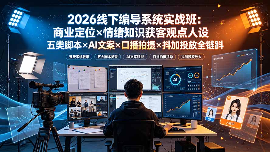 2026线下编导系统实战班：商业定位×情绪知识获客观点人设五类脚本×AI文案×口播拍摄×抖加投放全链路-优优云创网