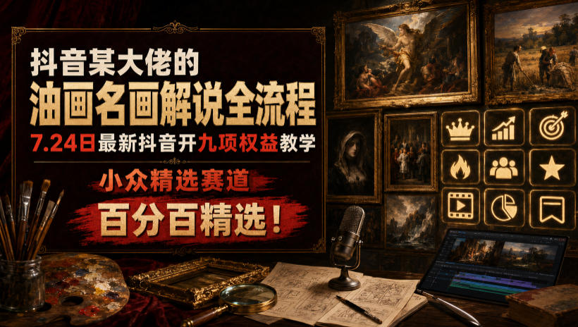 抖音某大佬的油画名画解说全流程，7.24日最新抖音开九项权益教学，小众精选赛道，百分百精选！-优优云创网