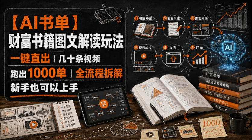 【AI书单】财富书籍图文解读玩法，一键直出，几十条视频，跑出1000单，全流程拆解，新手也可以上手-优优云创网