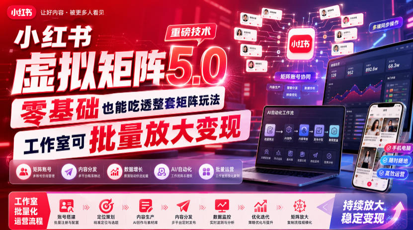小红书虚拟矩阵5.0重磅技术，零基础也能吃透整套矩阵玩法，工作室可批量放大变现-优优云创网