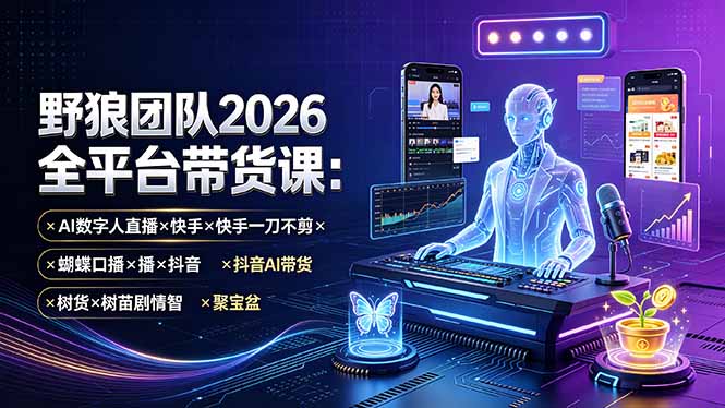野狼团队2026全平台带货课-7月：AI数字人直播×快手一刀不剪×蝴蝶口播×抖音AI带货×树苗剧情智剪×聚宝盆-优优云创网