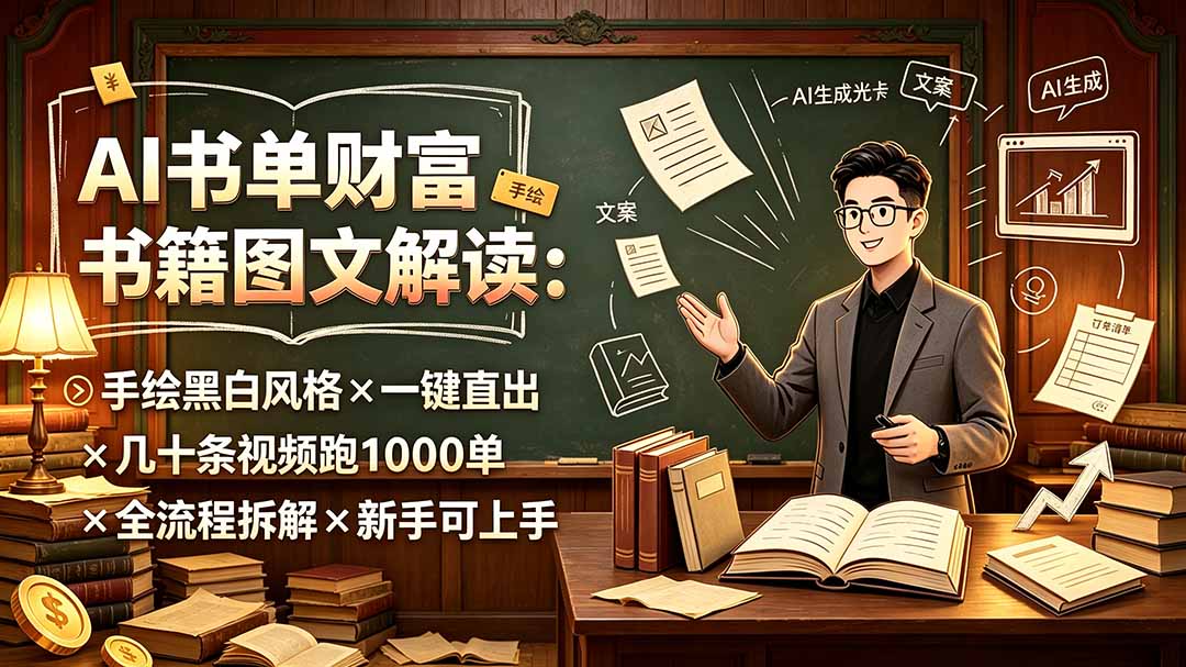 AI书单财富书籍图文解读：手绘黑白风格×一键直出×几十条视频跑1000单×全流程拆解×新手可上手-优优云创网