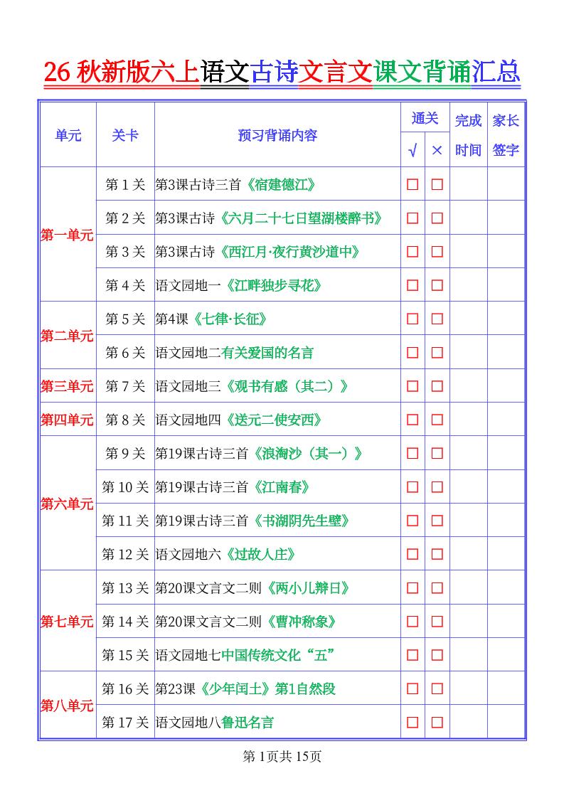 26秋新六上语文古文文言文课文背诵内容汇总-背诵版-优优云创网