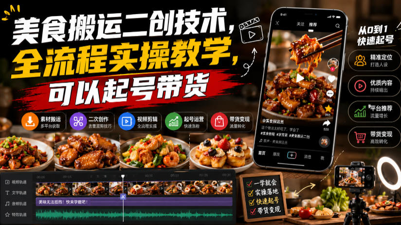 美食搬运二创技术,全流程实操教学,可以起号带货-优优云创网