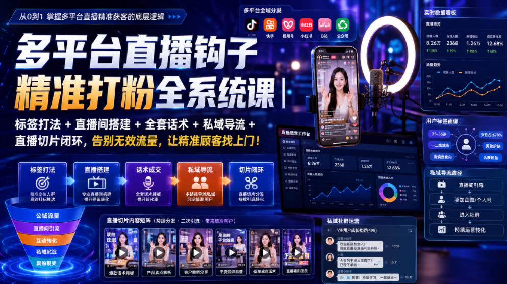 多平台直播钩子精准打粉全系统课|标签打法+直播间搭建+全套话术+私域导流+直播切片闭环,告别无效流量,让精准顾客找上门!-优优云创网