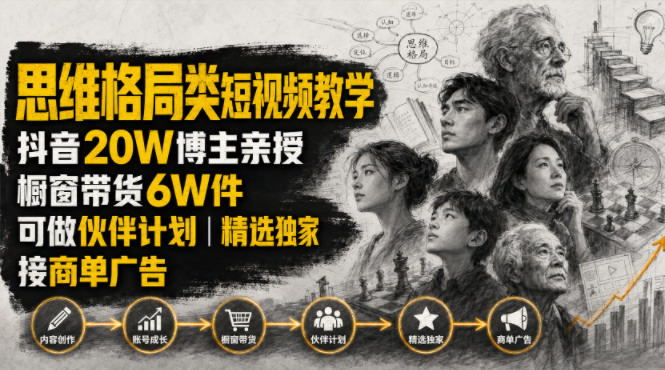 人性思维格局类短视频教学,抖音20W博主亲授,橱窗带货6W件,可做伙伴计划、精选独家、接商单广告-优优云创网