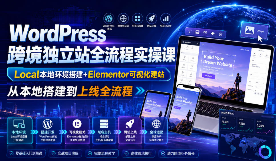 WordPress跨境独立站全流程实操课｜Local本地环境搭建+Elementor可视化建站，从本地搭建到上线全流程-优优云创网