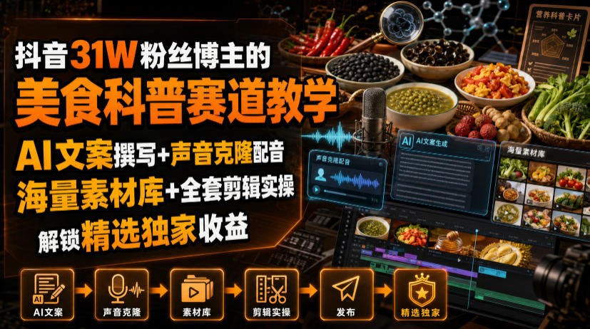 抖音31W粉丝博主的美食科普赛道教学,AI文案撰写+声音克隆配音+剪辑实操,解锁精选独家收益-优优云创网