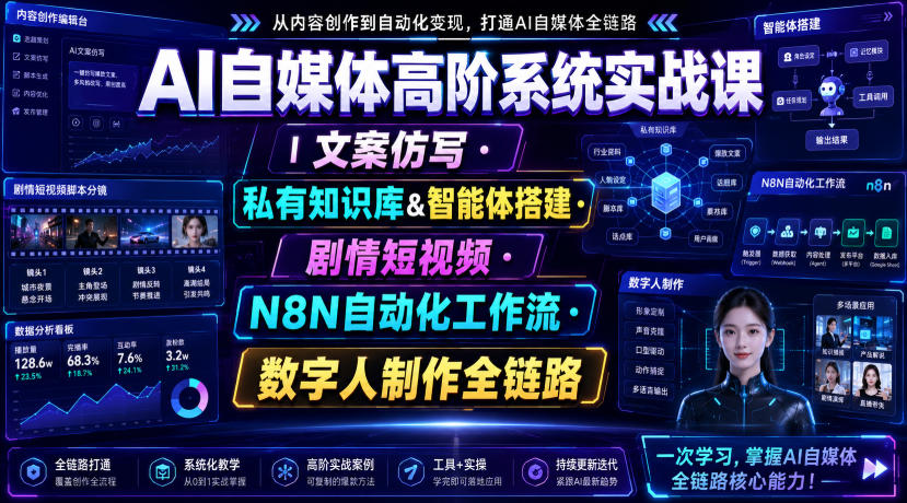 AI自媒体高阶系统实战课|文案仿写・私有知识库&智能体搭建・剧情短视频・N8N自动化工作流・数字人制作全链路-优优云创网