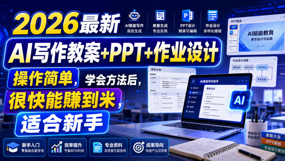 2026最新AI写作教案+PPT+作业设计,操作简单,学会方法后,很快能賺到米,适合新手-优优云创网