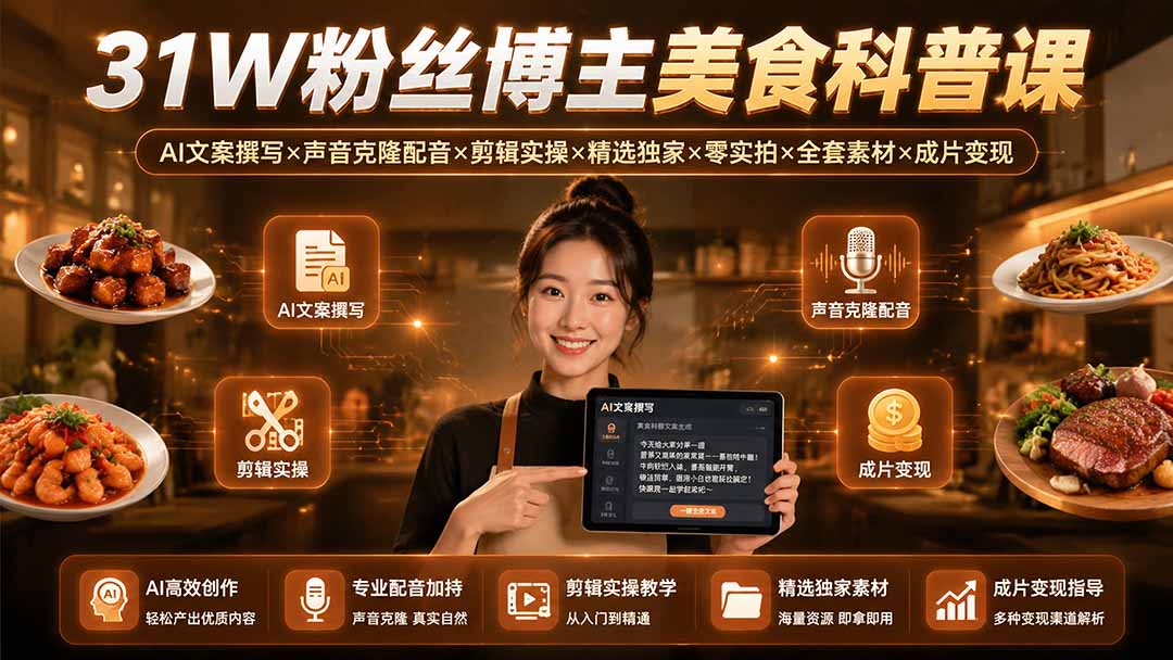 31W粉丝博主美食科普课:AI文案撰写×声音克隆配音×剪辑实操×精选独家×零实拍×全套素材×成片变现-优优云创网