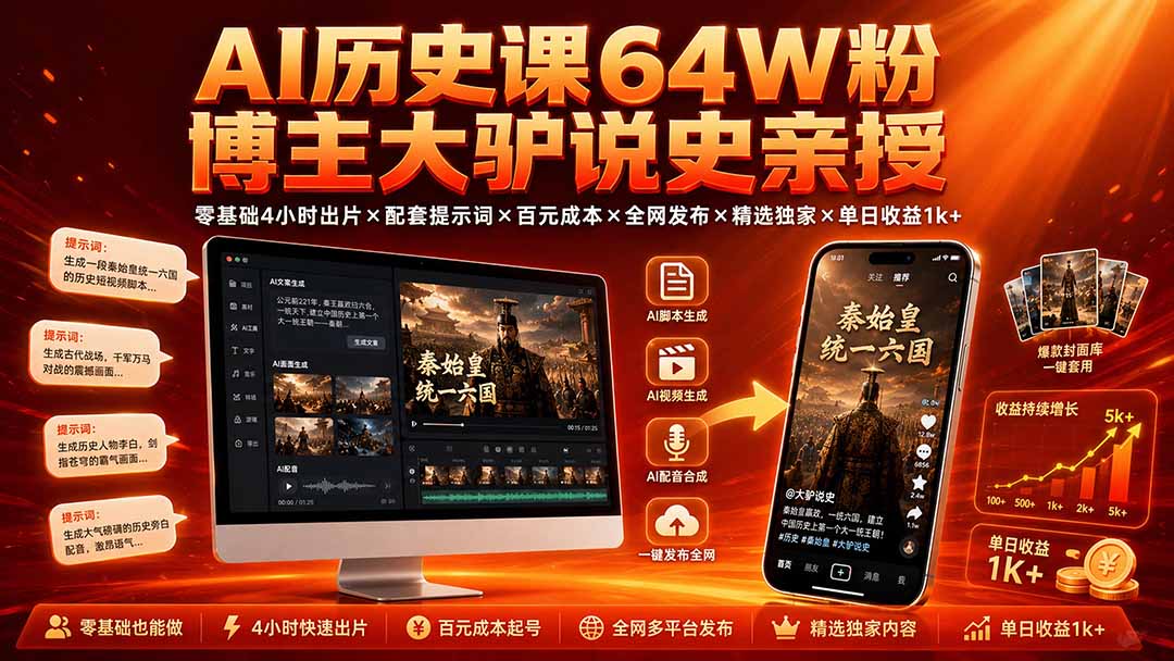 AI历史课64W粉博主大驴说史亲授:零基础4小时出片×配套提示词×百元成本×全网发布×精选独家×单日收益1k+-优优云创网