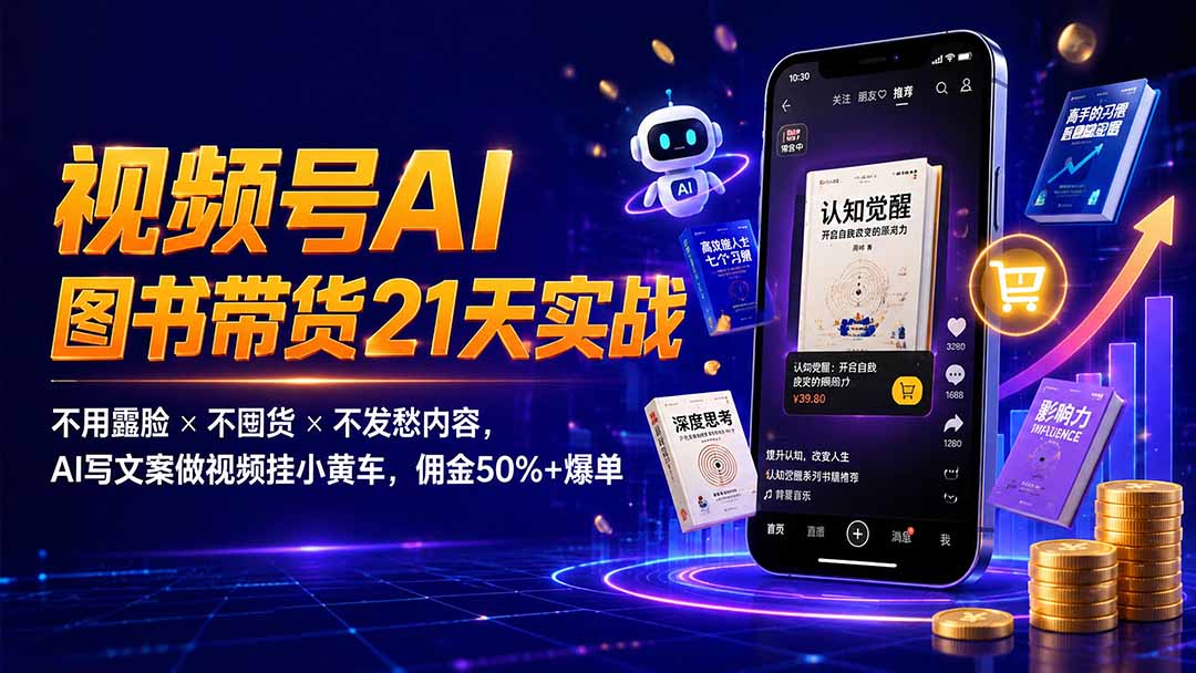 繁花视频号AI图书带货21天实战：不用露脸×不囤货×不发愁内容，AI写文案做视频挂小黄车，佣金50%+爆单-优优云创网
