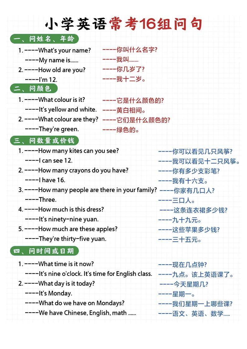 (新)小学英语常考16种问句-六上英语-优优云创网