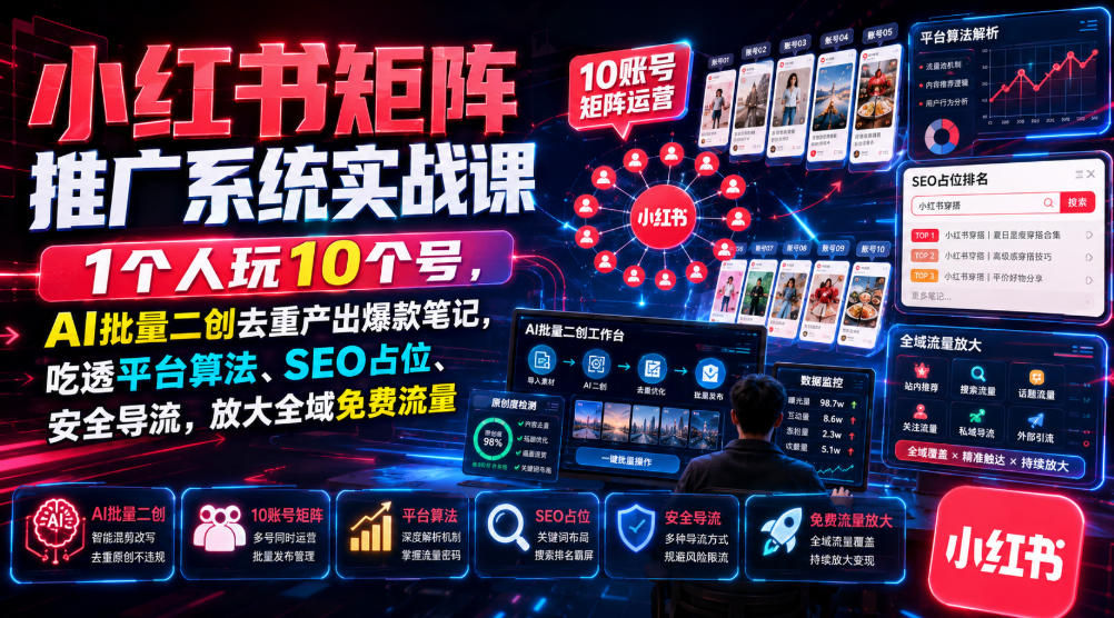 小红书矩阵推广系统实战课｜1个人玩10个号，AI批量二创去重产出爆款笔记，吃透平台算法、SEO占位、安全导流，放大全域免费流量-优优云创网