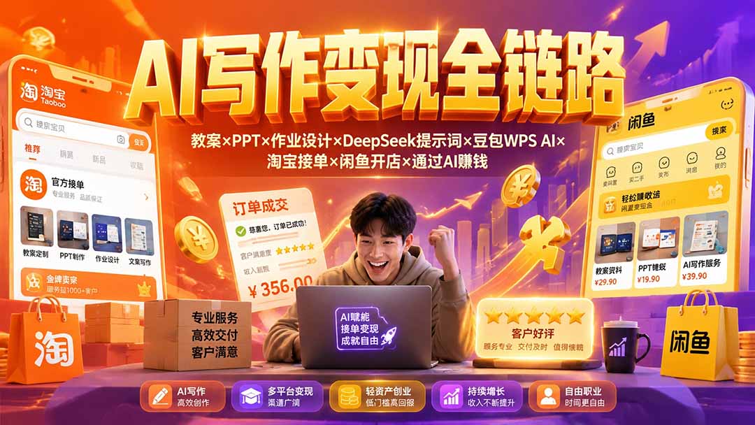 2026AI写作变现全链路：教案×PPT×作业设计×DeepSeek提示词×豆包WPS AI×淘宝接单×闲鱼开店×通过AI賺钱-优优云创网