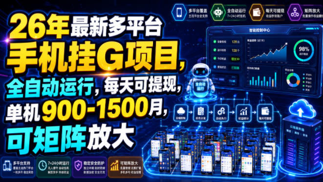 26年最新多平台手机挂G项目,全自动运行,每天可提现,单机900-1500月,可矩阵放大【揭秘】-优优云创网