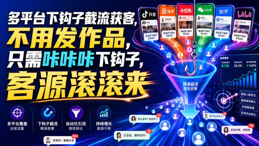 多平台下钩子截流获客，不用发作品，只需咔咔咔下钩子，客源滚滚来-优优云创网