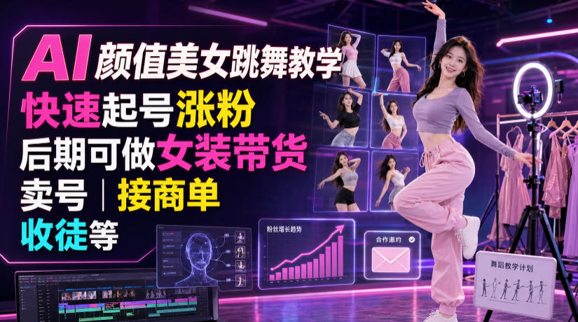AI颜值美女跳舞教学，快速起号涨粉，后期可做女装带货，卖号，接商单，收徒等-优优云创网