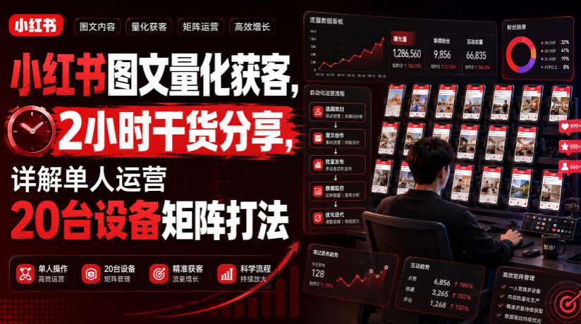 小红书图文量化获客，2小时干货分享，详解单人运营20台设备矩阵打法-优优云创网