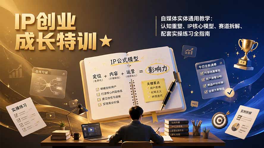 IP创业成长特训★自媒体实体通用教学：认知重塑、IP核心模型、赛道拆解、配套实操练习全指南-优优云创网