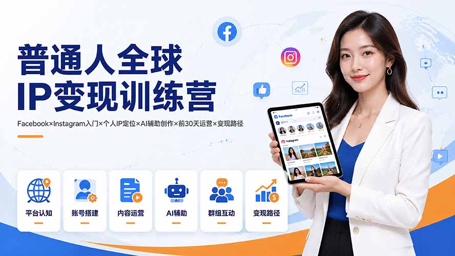 普通人全球IP变现训练营：Facebook×Instagram入门×个人IP定位×AI辅助创作×前30天运营×变现路径-优优云创网