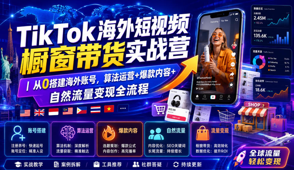 TikTok海外短视频橱窗带货实战营｜从0搭建海外账号，算法运营+爆款内容+自然流量变现全流程-优优云创网