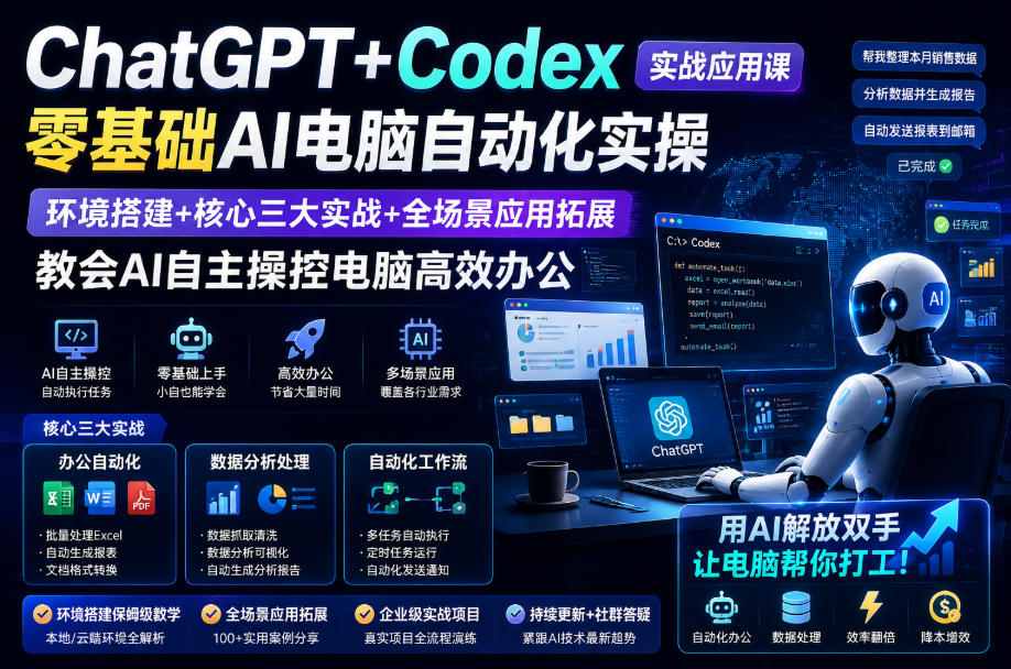 ChatGPT+Codex实战应用课｜零基础AI电脑自动化实操，环境搭建+核心三大实战+全场景应用拓展，教会AI自主操控电脑高效办公-优优云创网