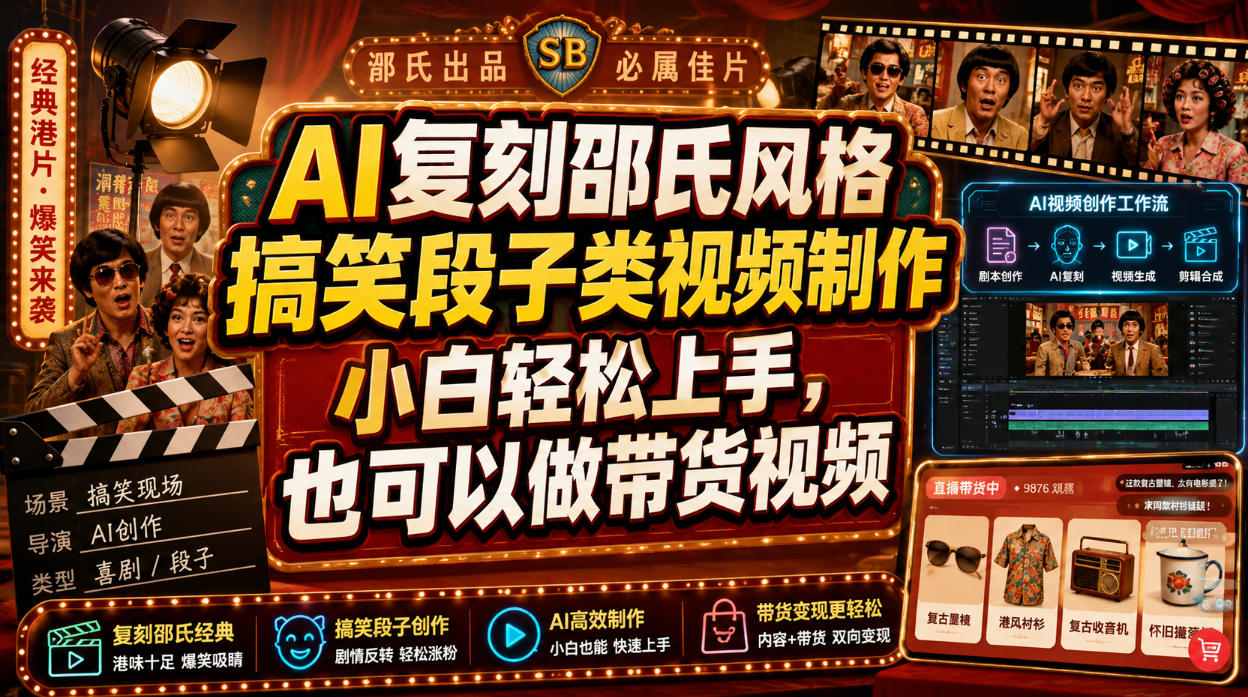 AI复刻邵氏风格搞笑段子类视频制作，小白轻松上手，也可以做带货视频-优优云创网