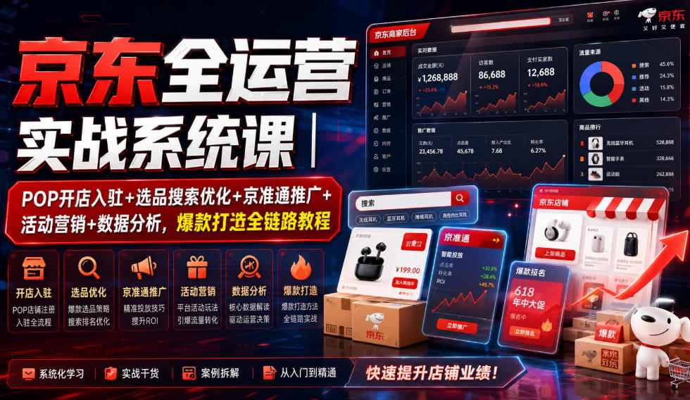 京东全运营实战系统课｜POP开店入驻+选品搜索优化+京准通推广+活动营销+数据分析，爆款打造全链路教程-优优云创网