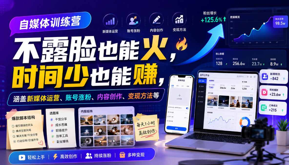 自媒体训练营，不露脸也能火，时间少也能賺，涵盖新媒体运营、账号涨粉、内容创作、变现方法等-优优云创网