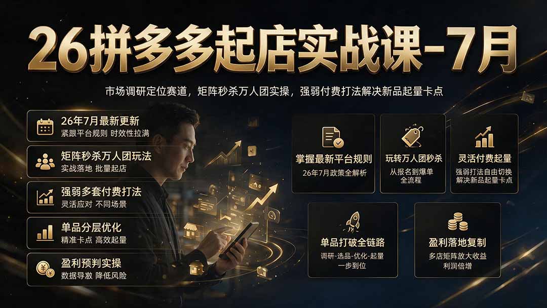 26拼多多起店实战课-7月｜市场调研定位赛道，矩阵秒杀万人团实操，强弱付费打法解决新品起量卡点-优优云创网