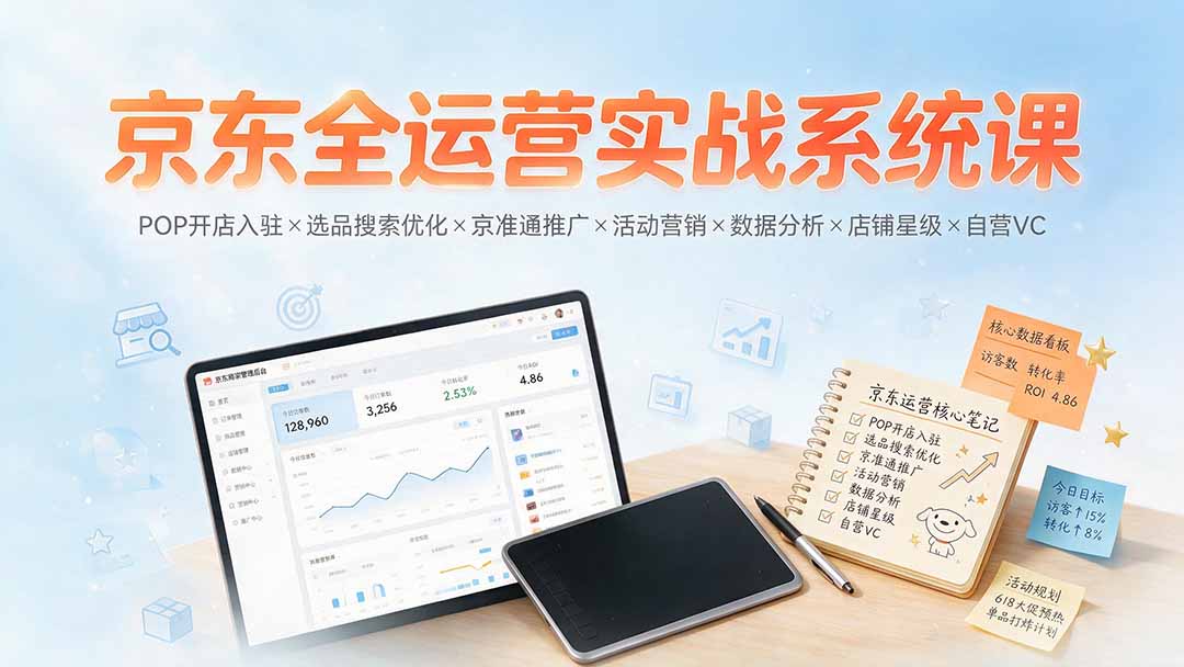 京东全运营实战系统课：POP开店入驻×选品搜索优化×京准通推广×活动营销×数据分析×店铺星级×自营VC-优优云创网