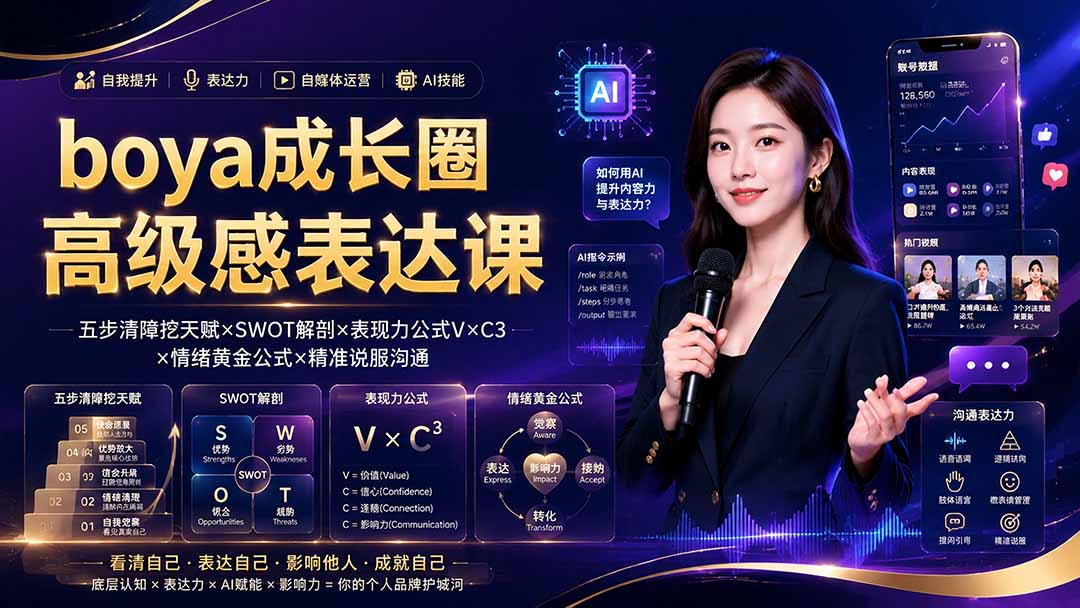 boya成长圈｜内心成长高级表达AI自媒体三合一，消解内耗挖掘天赋，镜头沟通AI指令短视频全流程教学-优优云创网